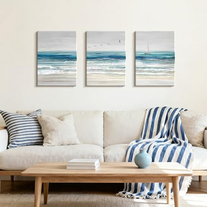 WENGTIAO 3Pcs Abstract Blue Beach Ocean Canvas Wall Art Paintings 12"x16" - color: Abstract Blue Ocean, size: 12"x16"x3Pcs