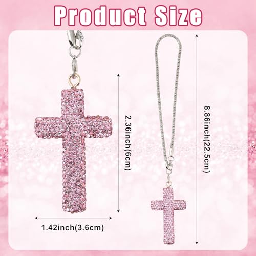 JSCARLIFE Crystal Cross Rearview Mirror Charm – Handmade Clay Rhinestone Car Hanging Ornament – Christian Gift for Women Auto Decor (Pink) - color: Pink