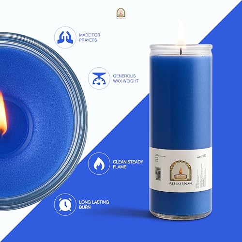 3pk Blue Azul 90hr | 7-Day Prayer Candles - Glass Jar Veladoras, Unscented Paraffin Wax | Peace, Healing & Protection Novena - Catholic Hispanic Church Altar, Memorial Vigil, Tranquility Calm - color: Blue
