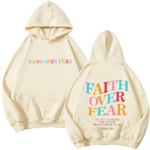 Faith Over Fear Hoodie Womens Christian Graphic Cute Hoodies Cotton Blend Sweatshirt Casual Tops - color: Beige, size: Medium