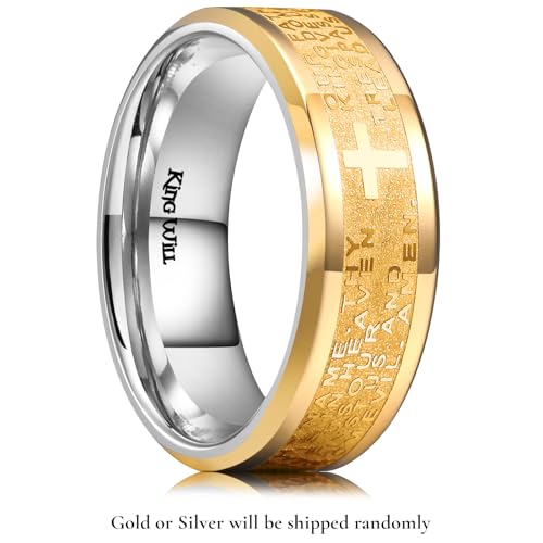 King Will Stainless Steel Men Ring Lord's Prayer Cross Ring Stainless Steel Men Wedding Ring, Wedding Band Bible Engraved Rings High Polished, Comfort Fit - color: Gold