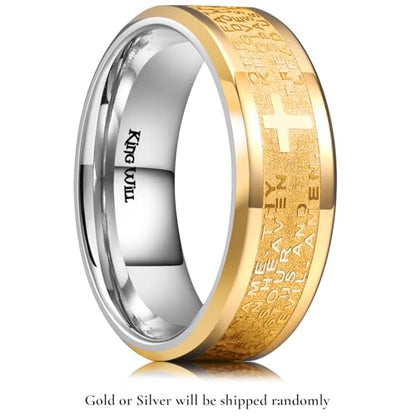 King Will Stainless Steel Men Ring Lord's Prayer Cross Ring Stainless Steel Men Wedding Ring, Wedding Band Bible Engraved Rings High Polished, Comfort Fit - color: Gold