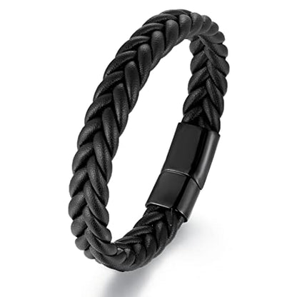 Handmade Braided Leather Bracelet, Black Stainless Steel Clasp, Mens, Cool Classic Stylish - color: Black