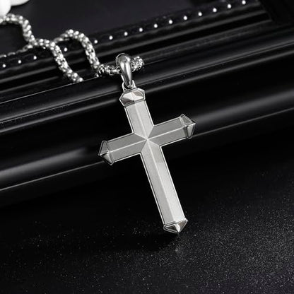 Stainless Steel Cross Necklace for Men with Adjustable Box Chain Christian Cross neckalce Gift - color: Silver
