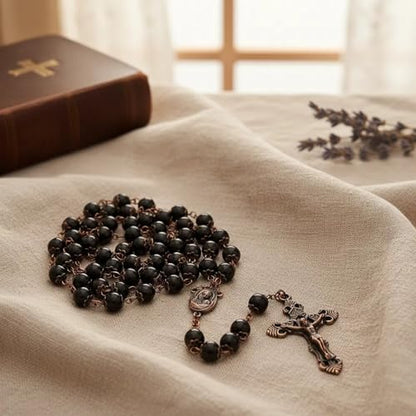 Nazareth Store Natural Stone Beads 8mm Rosary Necklace Antique Copper Design Holy Soil Medal & Cross in Velvet Bag - Catholic Rosaries Terra Santa Jerusalem Collection - color: Black Obsidian