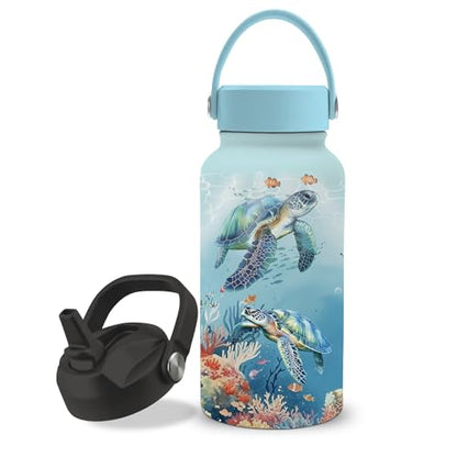 25oz Turtle Water Bottle with Straw Lid & Direct-drink Lid - Sea Turtle Stainless Steel Water Bottles, BPA-free Leakproof Under the Sea Sports Waters Bottle for Office Travel, Gifts Cup for Sea Lover - color: Turtle