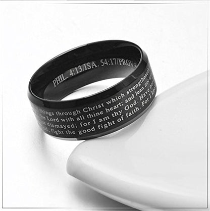 Men's Stainless Steel Bible Verse Christian Lord's Prayer Cross Ring Wedding Bands Engraved Praying - color: Black