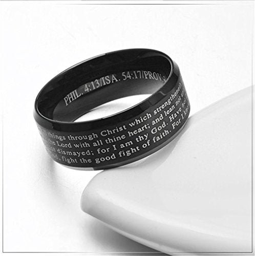 Men's Stainless Steel Bible Verse Christian Lord's Prayer Cross Ring Wedding Bands Engraved Praying - color: Black