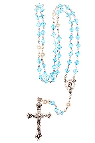 Catholic Prayer Rosary Created with Swarovski® Crystals-Glass-Silver-Gold - color: Aquamarine - March - SILVER