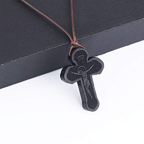 COTTVOTT Wood Orthodox Cross Pendant Necklace Christian Crucifix Necklace Prayer Jesus for Women Men - style: A-Black Color