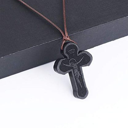 COTTVOTT Wood Orthodox Cross Pendant Necklace Christian Crucifix Necklace Prayer Jesus for Women Men - style: A-Black Color