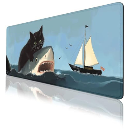 Funny Black Cat Mouse Pad Cute Ocean Shark Sailing Ship Mousepad Extended Large Laptop Keyboard Non-Slip Rubber Base with Stitched Edges for Home 31.5x11.8 in - color: Funny Black Cat, size: 31.5L x 11.8W inches