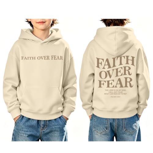 Fkatuzi Boys Christian Faith Over Fear Hoodie Kids Jesus Sweatshirt Faith Verse Bible God Religious Graphic Hoodies Pullover - color: Apricot, size: 13-14 Years