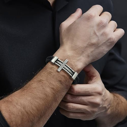 Leather Cross Bracelet Braided Faith Bangle for Men, 8.3 &9.1 Inch - color: 06.black leather; Style: wheat cross, size: 8.3in(Fits most wrists)