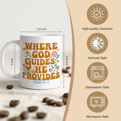 Where God Guides He Provides 11oz Double-Sided Ceramic Mug, Funny Christian Mugs for Women Men, Christmas Birthday Thanksgiving Bible Verse Coffee Cup, Religion Christian Gifts for Family Friend - color: White50