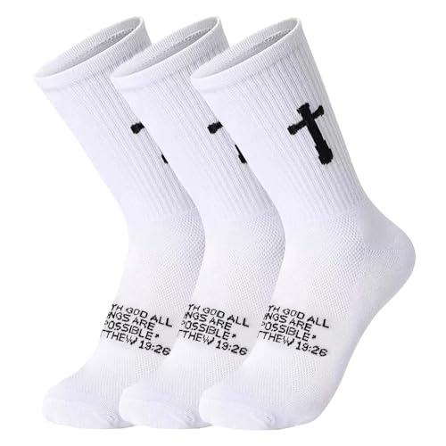 3 Pairs Unisex Cross Socks,Gifts for Christian: Easter Christmas - color: Matthew 19:26 - White