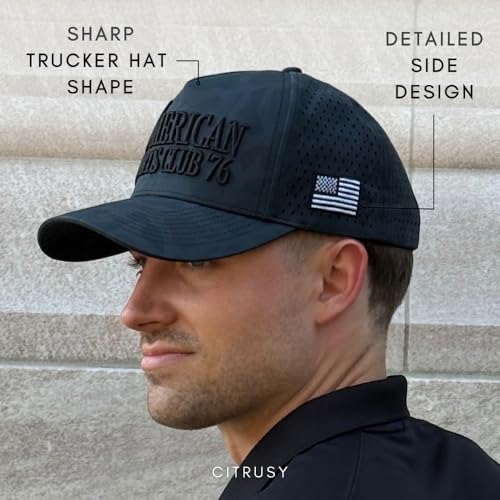 CITRUSY Athletic Trucker Golf Hat | Performance Mens 5 Panel Cap | Cool Breathable Waterproof Workout Running Snapback - color: American Sports Club |Black Camo