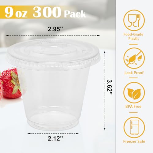 Lamosi 300 Pack 9 oz Clear Plastic Cups with Flat No Hole Lids - size: 300Pack-Flat Lids