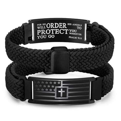 VNOX American Flag Cross Bible Verse Bracelet for Men Teen Boys Kids Stocking Stuffers,Religious Christian Jewelry Mens Easter Valentines Baptism Birthday Gift Ideas - style: Psalm 91:11