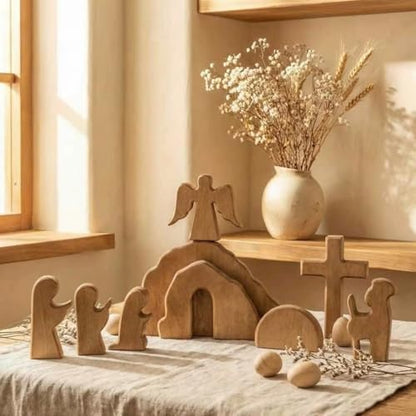 10 Pcs Easter Resurrection Scene Set Wooden Empty Tomb Easter Decorations Christian Nativity Scene Decor Cross Jesus Tomb Tray Set for Religious Home Office Tabletop Christian Gifts