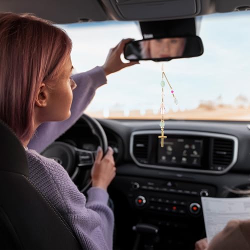 Sibba Natural Jade Cross Car Hanging Ornament, Handmade Glass Beaded Rearview Mirror Charm Healing Stones, Pendant Accessories Good Luck Keychain Suncatcher for Car and Home Decor - style: Casual