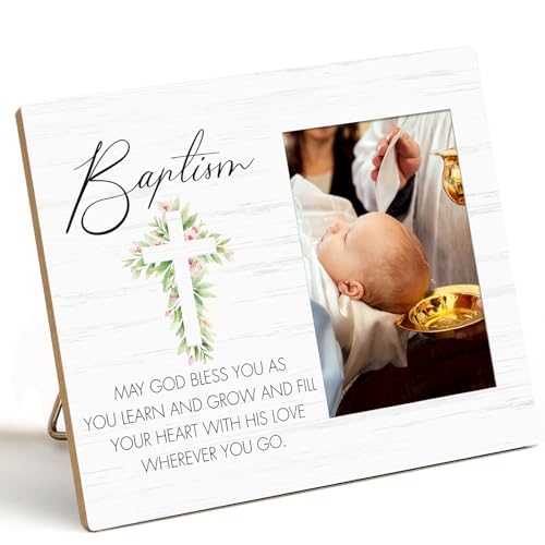 May God Bless You As You Learn And Grow- Baby Baptism Wooden Picture Frame, Gift from Godparents for Baby Shower, Christening Gifts from Godfather Godmother, for Tabletop or Wall Mounting (4x6 Inch Photo) - color: Baptism-3