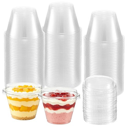 100 Pack 6 Oz Clear Stackable Disposable Plastic Cups with Flat Lids, 180ml PET Ice Cream Cups with Lids Dessert Containers for Party Cold Drinks Pudding Jello Fruits Juice Milkshake Tiramisu Cake