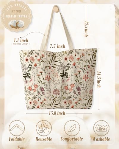 Miss Adola Large Tote Bag for Women - Canvas Tote Bag with Zipper Aesthetic Reusable Shoulder Bag for Gym, Travel, Work - style: Pk Flower Shrubs