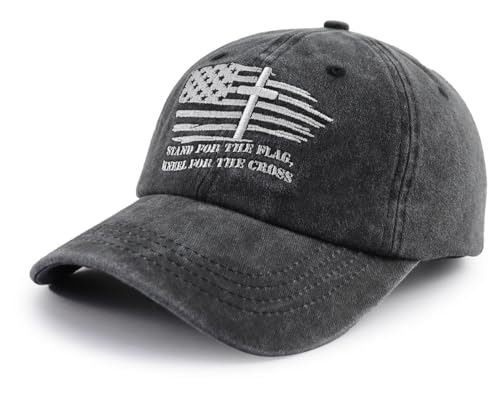Christian Jesus Cross Hats for Men, Stand for The Flag Kneel for The Cross Baseball Cap - color: Black