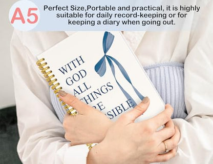 Navy Blue Bible Journal for Women, A5 Spiral Christian Notebook & Study Supplies, Cute Hardcover Coquette Bow Diary with Scripture Matthew 19:26 for Church Notes, Prayer & Teen Girls.5.5 x 8.3 Inch - color: (Navy Blue) Matthew 19:26