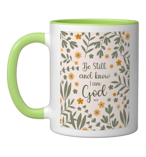 Be Still & Know That I Am God Psalm Bible Verse Floral Women Ceramic Mug, Light Green/White, 11oz - color: Light Green/White, size: 11 Ounces