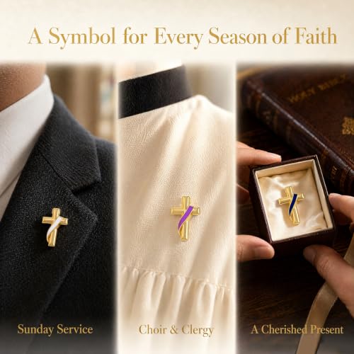 Clergy Gold Cross Lapel Pin with Enamel Ribbon, Christian Religious Brooch Badge, Suit Collar Accessory Faith Gift for Church Staff Believers - color: Purple