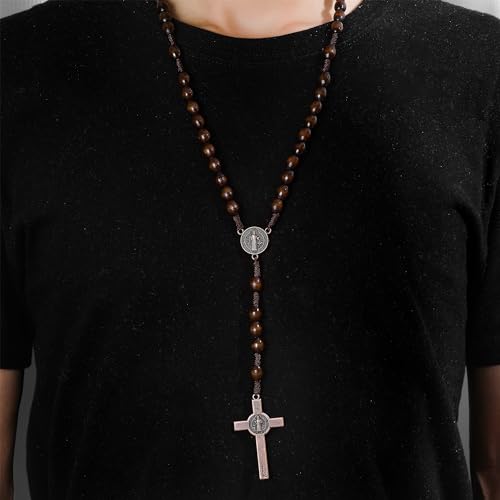 HANRESHE Wooden Beads Rosary Necklace Wooden Crosses Pendant Catholic Rosary Necklace for Men with St.Michael - color: brown