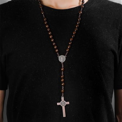 HANRESHE Wooden Beads Rosary Necklace Wooden Crosses Pendant Catholic Rosary Necklace for Men with St.Michael - color: brown