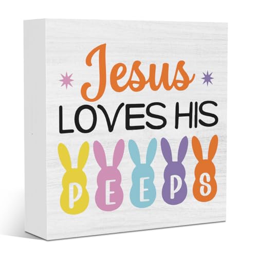 Funny Religious Easter Peeps Decor Easter Sign Bunny Decorations for Office Home Farmhouse Bathroom Bedroom Desk Table Decor Jesus Love His Peeps Sign 5 X 5 Inches - color: JesusPeeps1