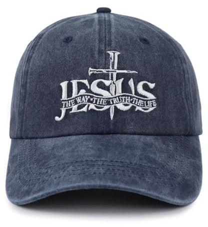 Christian Jesus Hat for Men Women, Adjustable Cotton Embroidered The Way The Truth The Life Baseball Cap - color: Navy