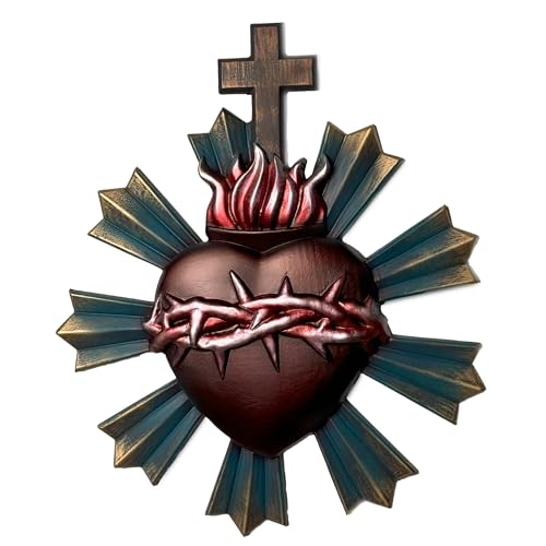 XXLTY Hand-Carved Sacred Heart of Jesus Wooden Wall Decor – Religious Art Hanging, Catholic Home Decoration, 14 * 12Inch Spiritual Gift (The Bronze Heart of Thorns) - color: The Bronze Heart of Thorns