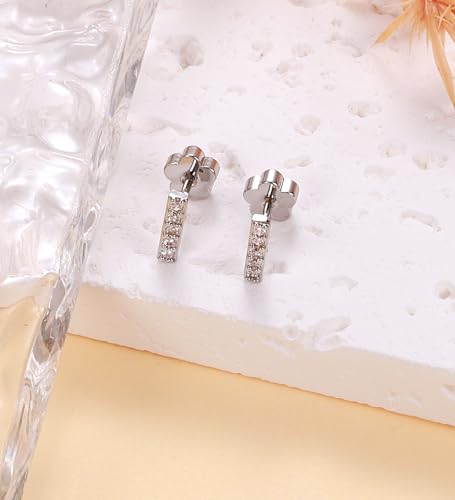14K Gold Plated Small Stud Earrings for Girls Women Hypoallergenic Surgical Steel Cartilage Flat Back Stud Earrings CZ Cross Dot Bar Heart Handmade Screw Back Earrings Studs - color: Silver, style: Bar