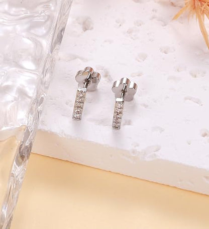 14K Gold Plated Small Stud Earrings for Girls Women Hypoallergenic Surgical Steel Cartilage Flat Back Stud Earrings CZ Cross Dot Bar Heart Handmade Screw Back Earrings Studs - color: Silver, style: Bar