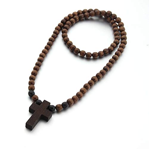 COLORFUL BLING Natural Wooden Catholic Rosaries Wood Crucifix Prayer Beads Pendant Necklace Prayer Jesus Religious Cross Rosary Necklace Handmade Jewelry - color: round dark