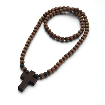 COLORFUL BLING Natural Wooden Catholic Rosaries Wood Crucifix Prayer Beads Pendant Necklace Prayer Jesus Religious Cross Rosary Necklace Handmade Jewelry - color: round dark