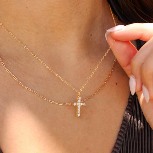 CONRAN KREMIX Waterproof Gold Layered Cross Necklace for Women Non Tarnish,14k Gold Plated Stainless Steel Dainty Cross Necklace Stack Necklaces Set for Women Christian Gifts Jewelry - color: Gold-Cross03