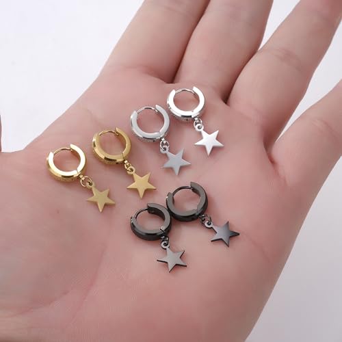 Men Women Stainless Steel Cross Earrings Set Dangle Hinged Earrings of Dangle Hinged Earrings Cross hoop Earrings - color: 3 Pairs Star Earrings (Black+Silver+Gold)