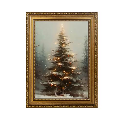 Fantasy Artists Christmas Framed Canvas Wall Art, Lighted Christmas Tree in Snowy Forest Gold Frame Print, Vintage Winter Holiday Decor for Living Room Bedroom Entryway, Ready to Hang, 12" Wx16 H - color: Christmas tree, size: 16"L x 12"W