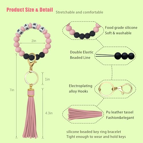 SHINYHARBOR Silicone Beaded Wristlet Keychain Bracelet,Key Wrist Keychains for Women Mom Teachers Best Friend - color: Mama-pink