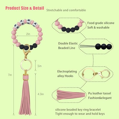 SHINYHARBOR Silicone Beaded Wristlet Keychain Bracelet,Key Wrist Keychains for Women Mom Teachers Best Friend - color: Mama-pink