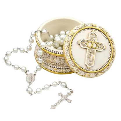 Christian Brands Catholic Wedding Rosary Box - Double-Ring Cross with Gold, 3.5", White