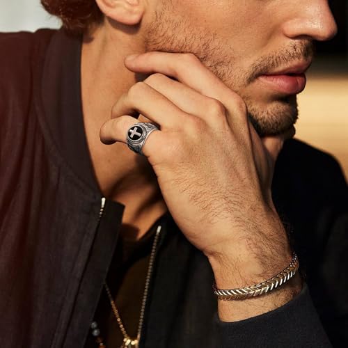 Vintage Men Ring Stainless Steel Religious Prayer Holy Cross Ring with Black Enamel Christian Jewelry Size8-12 - color: Silver Cross Ring, size: 12