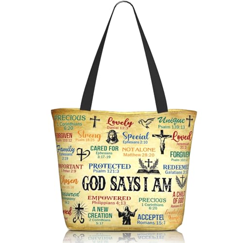 Christian Gifts Reusable Shopping Tote Bag Zippered Inspirational Tote Bags for Women Bible Verse Shoulder Bag - color: God Says I Am