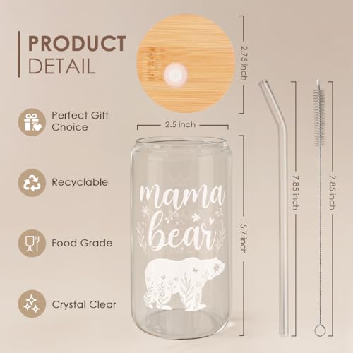 Mom Gifts - Mama Bear 16 Oz Can Glass Tumbler with Bamboo Lid and Straw - Iced Coffee Cups for Women, Aesthetic Glass Cup Gift for Birthday Christmas Mother's Day - color: Mom 4